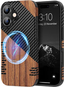 Compatible with Iphone 17 Pro Max Case Wood Grain with Carbon Fiber Texture Design Leather Hybrid Slim Case (Black)