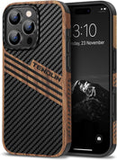 Compatible with Iphone 17 Pro Max Case Wood Grain with Carbon Fiber Texture Design Leather Hybrid Slim Case (Black)