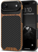 Compatible with Iphone 17 Pro Max Case Wood Grain with Carbon Fiber Texture Design Leather Hybrid Slim Case (Black)