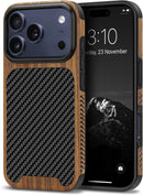 Compatible with Iphone 17 Pro Max Case Wood Grain with Carbon Fiber Texture Design Leather Hybrid Slim Case (Black)
