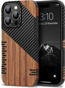 Compatible with Iphone 17 Pro Max Case Wood Grain with Carbon Fiber Texture Design Leather Hybrid Slim Case (Black)