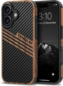 Compatible with Iphone 17 Pro Max Case Wood Grain with Carbon Fiber Texture Design Leather Hybrid Slim Case (Black)