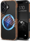 Compatible with Iphone 17 Pro Max Case Wood Grain with Carbon Fiber Texture Design Leather Hybrid Slim Case (Black)