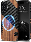 Compatible with Iphone 17 Pro Max Case Wood Grain with Carbon Fiber Texture Design Leather Hybrid Slim Case (Black)