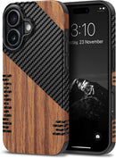 Compatible with Iphone 17 Pro Max Case Wood Grain with Carbon Fiber Texture Design Leather Hybrid Slim Case (Black)