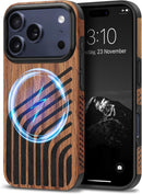 Compatible with Iphone 17 Pro Max Case Wood Grain with Carbon Fiber Texture Design Leather Hybrid Slim Case (Black)