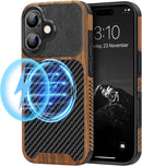 Compatible with Iphone 17 Pro Max Case Wood Grain with Carbon Fiber Texture Design Leather Hybrid Slim Case (Black)