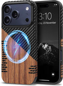 Compatible with Iphone 17 Pro Max Case Wood Grain with Carbon Fiber Texture Design Leather Hybrid Slim Case (Black)