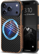 Compatible with Iphone 17 Pro Max Case Wood Grain with Carbon Fiber Texture Design Leather Hybrid Slim Case (Black)