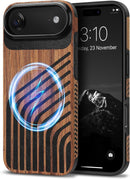 Compatible with Iphone 17 Pro Max Case Wood Grain with Carbon Fiber Texture Design Leather Hybrid Slim Case (Black)