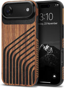 Compatible with Iphone 17 Pro Max Case Wood Grain with Carbon Fiber Texture Design Leather Hybrid Slim Case (Black)