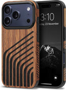 Compatible with Iphone 17 Pro Max Case Wood Grain with Carbon Fiber Texture Design Leather Hybrid Slim Case (Black)