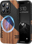 Compatible with Iphone 17 Pro Max Case Wood Grain with Carbon Fiber Texture Design Leather Hybrid Slim Case (Black)