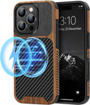 Compatible with Iphone 17 Pro Max Case Wood Grain with Carbon Fiber Texture Design Leather Hybrid Slim Case (Black)