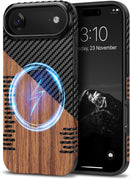 Compatible with Iphone 17 Pro Max Case Wood Grain with Carbon Fiber Texture Design Leather Hybrid Slim Case (Black)