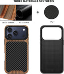 Compatible with Iphone 17 Pro Max Case Wood Grain with Carbon Fiber Texture Design Leather Hybrid Slim Case (Black)