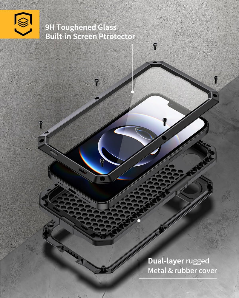 for Iphone 16E Case, Metal Heavy Duty Shockproof Tough Rugged Case with Built-In Glass Screen Protector, 360 Full Body Dustproof Strong Protective Phone Cover for Iphone 16E, Black