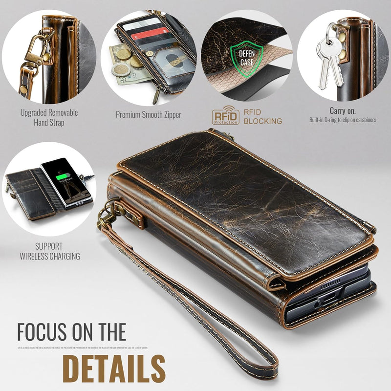 Defencase for Samsung Galaxy Z Fold 7/ Fold7 Wallet Case with RFID Blocking 10 - Card Holder, Fashion Soft PU Leather Magnetic Snap Flip Zipper Wrist Strap Phone Case for Galaxy Z Fold 7 5G, Coffee