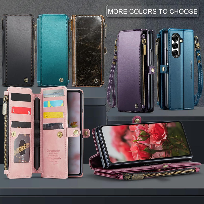 Defencase for Samsung Galaxy Z Fold 7/ Fold7 Wallet Case with RFID Blocking 10 - Card Holder, Fashion Soft PU Leather Magnetic Snap Flip Zipper Wrist Strap Phone Case for Galaxy Z Fold 7 5G, Coffee