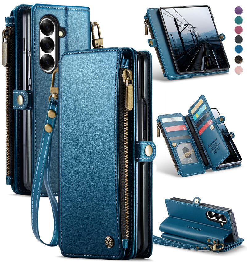 Defencase for Samsung Galaxy Z Fold 7/ Fold7 Wallet Case with RFID Blocking 10 - Card Holder, Fashion Soft PU Leather Magnetic Snap Flip Zipper Wrist Strap Phone Case for Galaxy Z Fold 7 5G, Coffee
