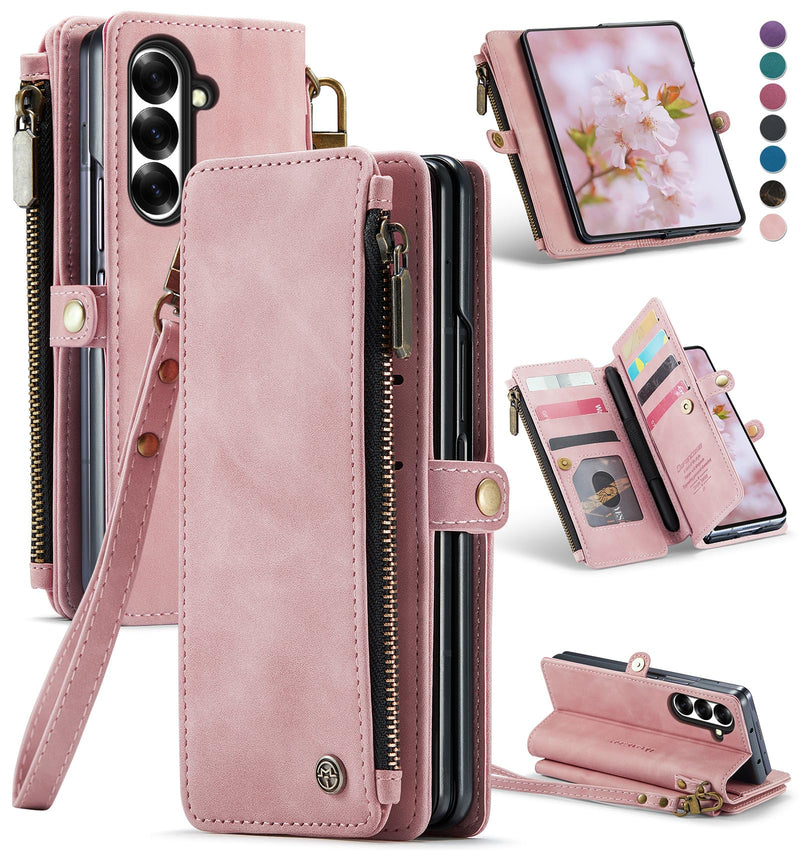 Defencase for Samsung Galaxy Z Fold 7/ Fold7 Wallet Case with RFID Blocking 10 - Card Holder, Fashion Soft PU Leather Magnetic Snap Flip Zipper Wrist Strap Phone Case for Galaxy Z Fold 7 5G, Coffee