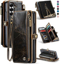 Defencase for Samsung Galaxy Z Fold 7/ Fold7 Wallet Case with RFID Blocking 10 - Card Holder, Fashion Soft PU Leather Magnetic Snap Flip Zipper Wrist Strap Phone Case for Galaxy Z Fold 7 5G, Coffee