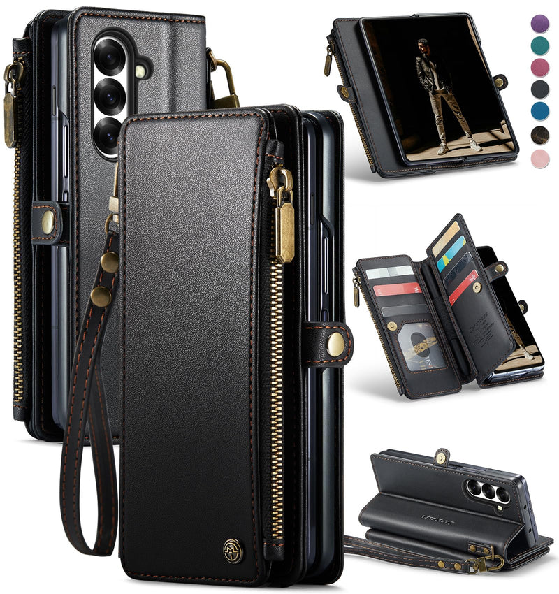Defencase for Samsung Galaxy Z Fold 7/ Fold7 Wallet Case with RFID Blocking 10 - Card Holder, Fashion Soft PU Leather Magnetic Snap Flip Zipper Wrist Strap Phone Case for Galaxy Z Fold 7 5G, Coffee