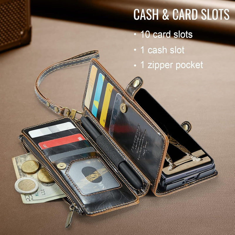 Defencase for Samsung Galaxy Z Fold 7/ Fold7 Wallet Case with RFID Blocking 10 - Card Holder, Fashion Soft PU Leather Magnetic Snap Flip Zipper Wrist Strap Phone Case for Galaxy Z Fold 7 5G, Coffee