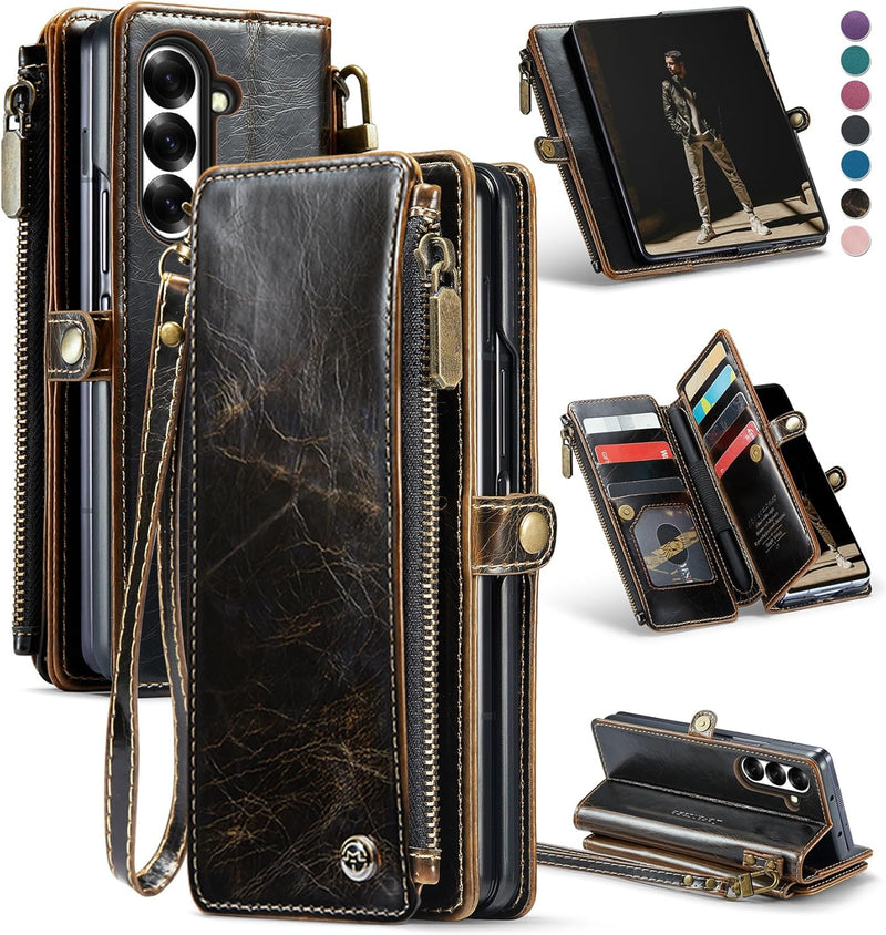 Defencase for Samsung Galaxy Z Fold 7/ Fold7 Wallet Case with RFID Blocking 10 - Card Holder, Fashion Soft PU Leather Magnetic Snap Flip Zipper Wrist Strap Phone Case for Galaxy Z Fold 7 5G, Coffee