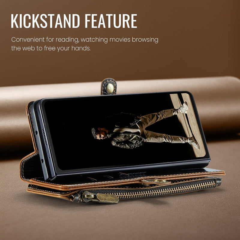 Defencase for Samsung Galaxy Z Fold 7/ Fold7 Wallet Case with RFID Blocking 10 - Card Holder, Fashion Soft PU Leather Magnetic Snap Flip Zipper Wrist Strap Phone Case for Galaxy Z Fold 7 5G, Coffee