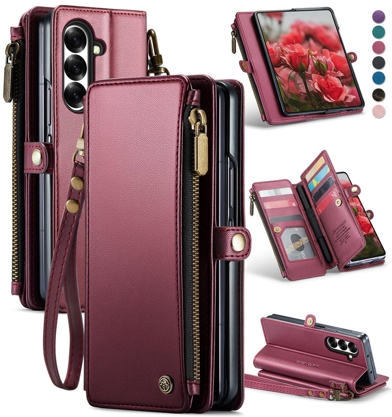 Defencase for Samsung Galaxy Z Fold 7/ Fold7 Wallet Case with RFID Blocking 10 - Card Holder, Fashion Soft PU Leather Magnetic Snap Flip Zipper Wrist Strap Phone Case for Galaxy Z Fold 7 5G, Coffee