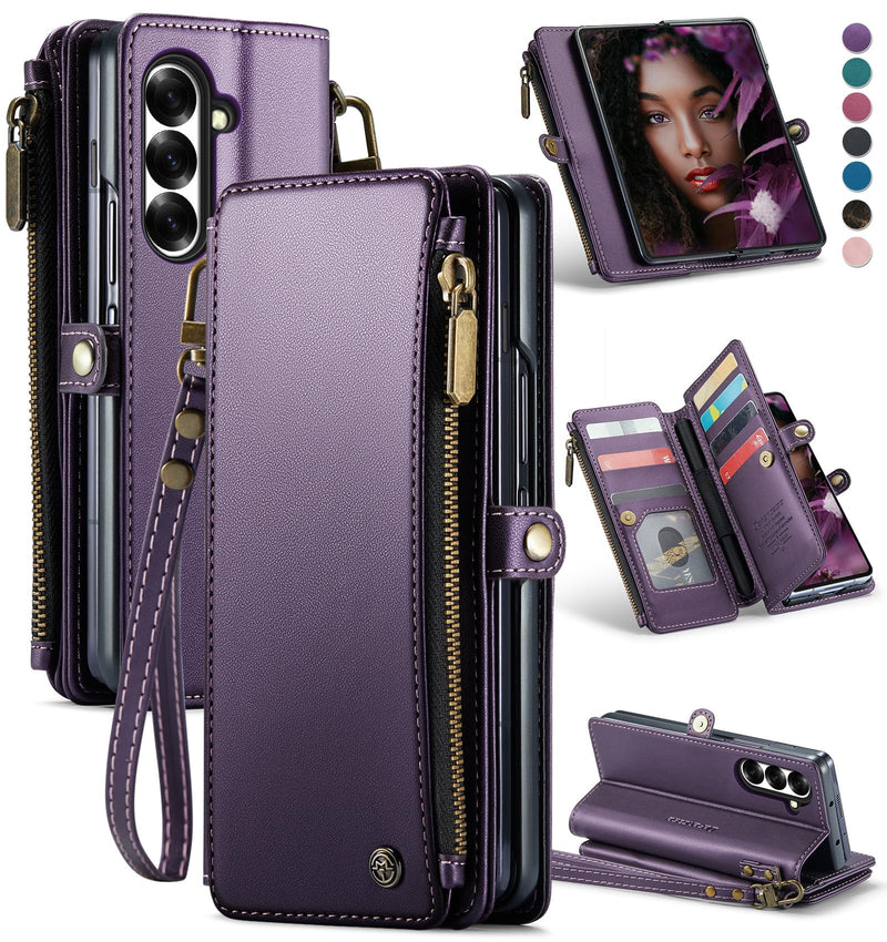 Defencase for Samsung Galaxy Z Fold 7/ Fold7 Wallet Case with RFID Blocking 10 - Card Holder, Fashion Soft PU Leather Magnetic Snap Flip Zipper Wrist Strap Phone Case for Galaxy Z Fold 7 5G, Coffee