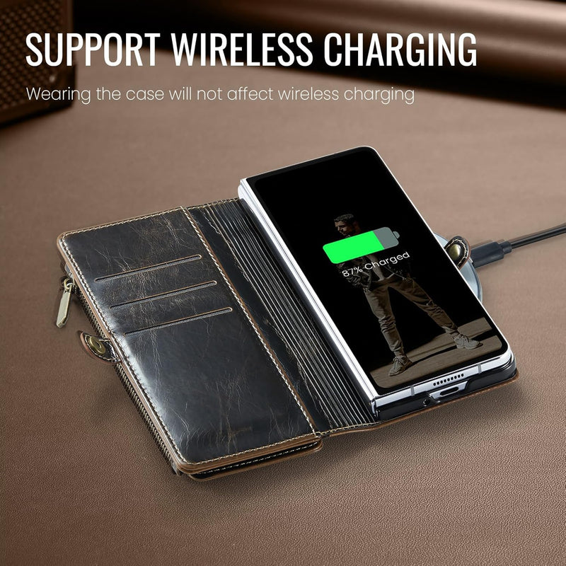 Defencase for Samsung Galaxy Z Fold 7/ Fold7 Wallet Case with RFID Blocking 10 - Card Holder, Fashion Soft PU Leather Magnetic Snap Flip Zipper Wrist Strap Phone Case for Galaxy Z Fold 7 5G, Coffee
