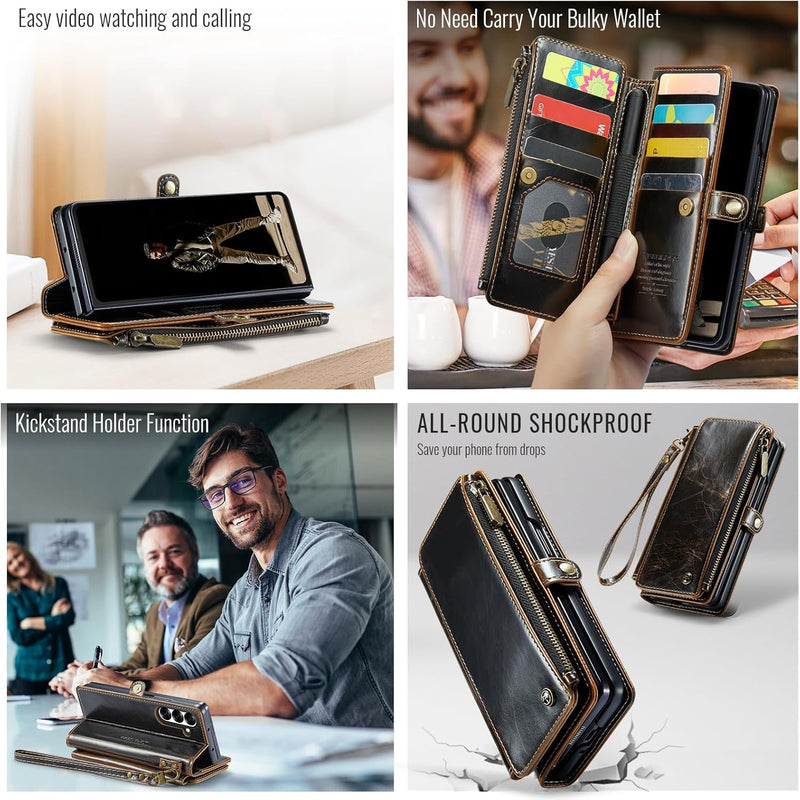 Defencase for Samsung Galaxy Z Fold 7/ Fold7 Wallet Case with RFID Blocking 10 - Card Holder, Fashion Soft PU Leather Magnetic Snap Flip Zipper Wrist Strap Phone Case for Galaxy Z Fold 7 5G, Coffee