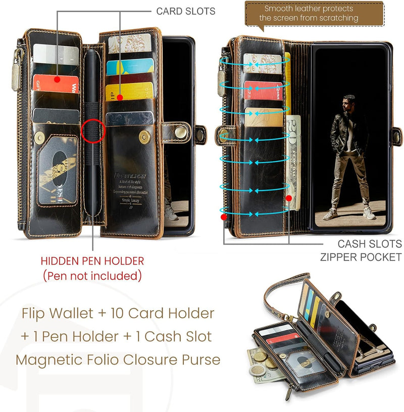 Defencase for Samsung Galaxy Z Fold 7/ Fold7 Wallet Case with RFID Blocking 10 - Card Holder, Fashion Soft PU Leather Magnetic Snap Flip Zipper Wrist Strap Phone Case for Galaxy Z Fold 7 5G, Coffee