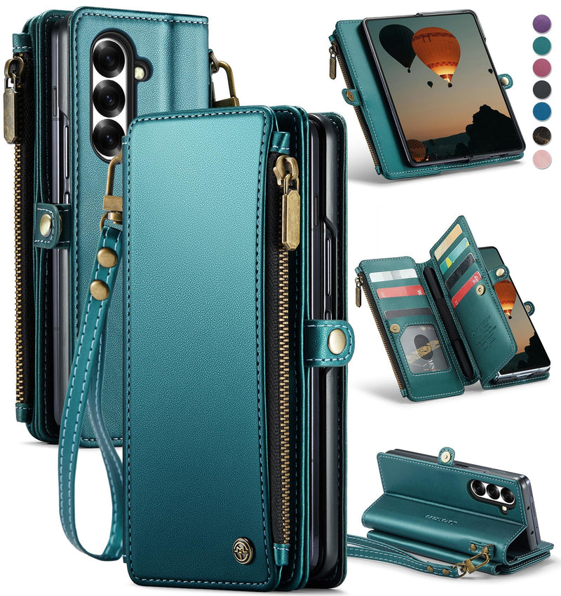 Defencase for Samsung Galaxy Z Fold 7/ Fold7 Wallet Case with RFID Blocking 10 - Card Holder, Fashion Soft PU Leather Magnetic Snap Flip Zipper Wrist Strap Phone Case for Galaxy Z Fold 7 5G, Coffee