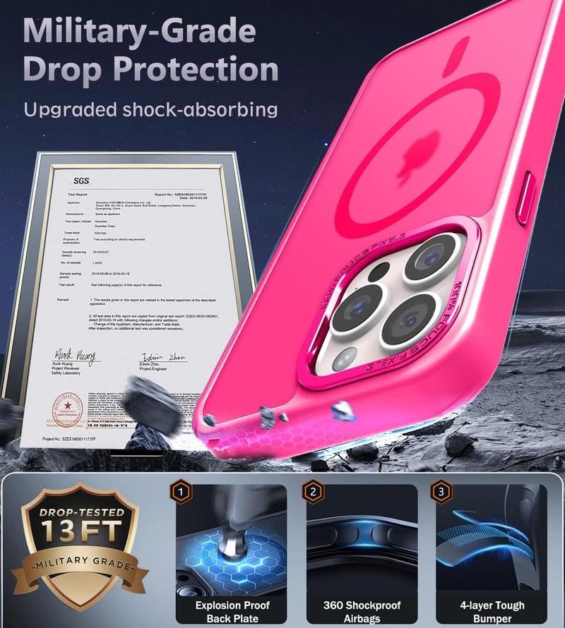 Designed for Iphone 16 Pro Max Case with Magnetic [13 FT Military Drop Protection] [Compatible with Magsafe] Slim Translucent Matte Shockproof with Anti - Fingerprint Phone Case, Hot Pink