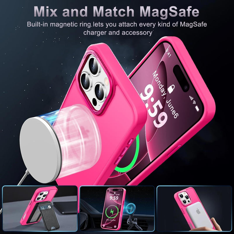 Designed for Iphone 16 Pro Max Case with Magnetic [13 FT Military Drop Protection] [Compatible with Magsafe] Slim Translucent Matte Shockproof with Anti - Fingerprint Phone Case, Hot Pink