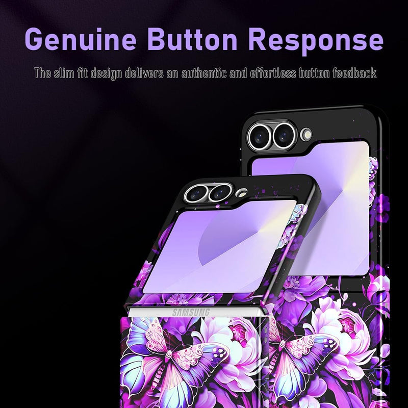 for Galaxy Z Flip 6 Case,Glitter Floral Pattern Hard PC Slim Shockproof Full Body Protective Girls Case for Samsung Galaxy Z Flip 6 5G (2024),Purple Butterfly
