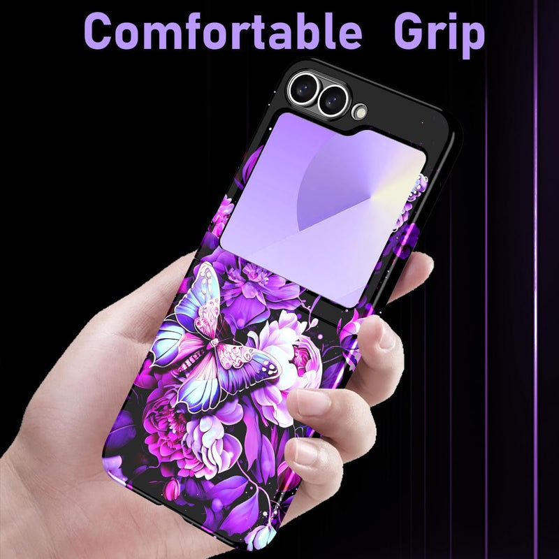 for Galaxy Z Flip 6 Case,Glitter Floral Pattern Hard PC Slim Shockproof Full Body Protective Girls Case for Samsung Galaxy Z Flip 6 5G (2024),Purple Butterfly