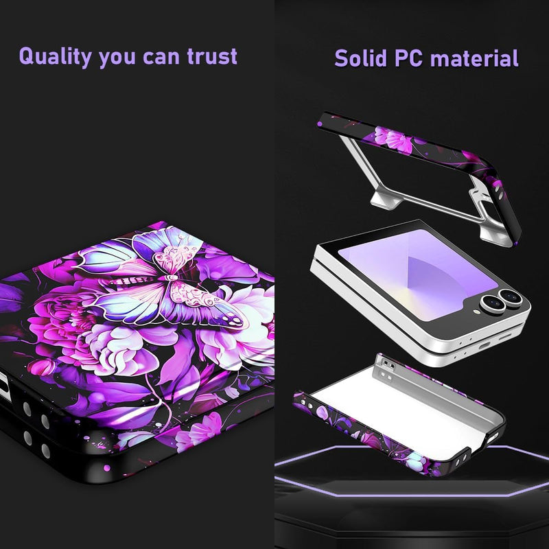 for Galaxy Z Flip 6 Case,Glitter Floral Pattern Hard PC Slim Shockproof Full Body Protective Girls Case for Samsung Galaxy Z Flip 6 5G (2024),Purple Butterfly