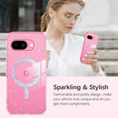 for Google Pixel 9A Case Clear Glitter, [Compatible with Magsafe] Pixel 9A Magnetic Phone Case Transparent Crystal Shockproof Women Girl Protective Cover for 9A 6.3 Inch, Hot Pink Glitter