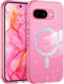 for Google Pixel 9A Case Clear Glitter, [Compatible with Magsafe] Pixel 9A Magnetic Phone Case Transparent Crystal Shockproof Women Girl Protective Cover for 9A 6.3 Inch, Hot Pink Glitter
