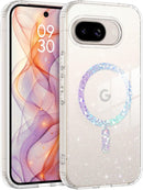 for Google Pixel 9A Case Clear Glitter, [Compatible with Magsafe] Pixel 9A Magnetic Phone Case Transparent Crystal Shockproof Women Girl Protective Cover for 9A 6.3 Inch, Hot Pink Glitter