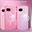 for Google Pixel 9A Case Clear Glitter, [Compatible with Magsafe] Pixel 9A Magnetic Phone Case Transparent Crystal Shockproof Women Girl Protective Cover for 9A 6.3 Inch, Hot Pink Glitter