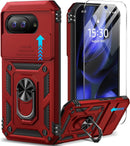for Google Pixel 9A Case with Screen Protector & Slide Camera Lens Cover,Built - In 360°Rotate Magnetic Ring Stand Shockproof Protective Phone Case for Google Pixel 9A Case (Blue)
