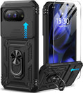 for Google Pixel 9A Case with Screen Protector & Slide Camera Lens Cover,Built - In 360°Rotate Magnetic Ring Stand Shockproof Protective Phone Case for Google Pixel 9A Case (Blue)