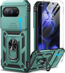 for Google Pixel 9A Case with Screen Protector & Slide Camera Lens Cover,Built - In 360°Rotate Magnetic Ring Stand Shockproof Protective Phone Case for Google Pixel 9A Case (Blue)