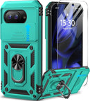 for Google Pixel 9A Case with Screen Protector & Slide Camera Lens Cover,Built - In 360°Rotate Magnetic Ring Stand Shockproof Protective Phone Case for Google Pixel 9A Case (Blue)