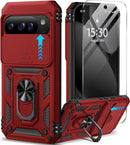 for Google Pixel 9A Case with Screen Protector & Slide Camera Lens Cover,Built - In 360°Rotate Magnetic Ring Stand Shockproof Protective Phone Case for Google Pixel 9A Case (Blue)